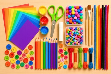 A table with a variety of craft supplies including scissors, paint, and paper