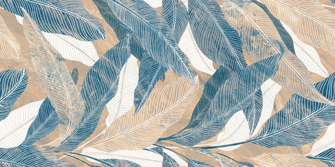 Abstract blue seamless pattern with leaves. Raster illustration.Dark branches with leaves on grey background.  seamless pattern.abstract blue background