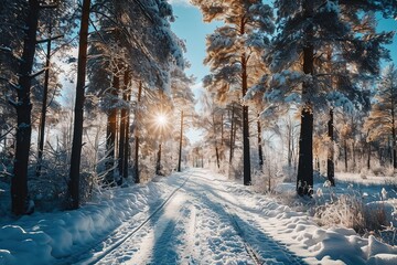 Obraz premium serene forest path covered in fresh snow, with tall trees adorned with white snowflakes. Sunlight filters through branches, creating magical winter scene