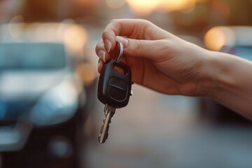 Close-up of person hand presenting car keys with blurred automobile in background. Suitable for dealership promotions, online ads and transportation visuals