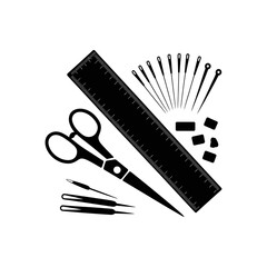 Sewing toolkit layout, ruler, needle set, chalk, scissors