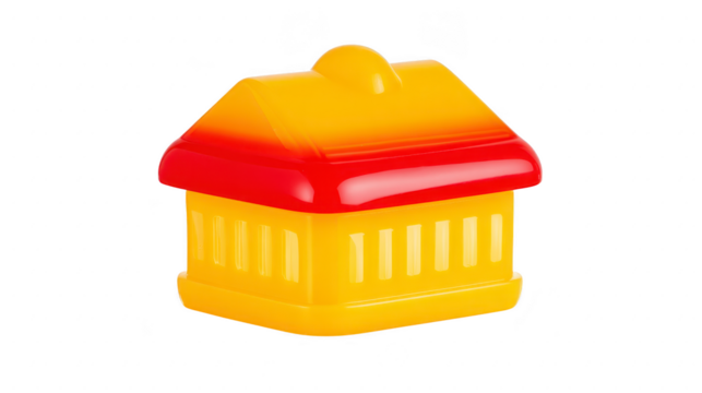 Plastic house shaped container with yellow and red color, featuring removable lid, isolated on transparency background, playful and cheerful design for storage or decoration