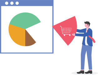 Businessman assembling a shopping bag marked pie chart illustration
