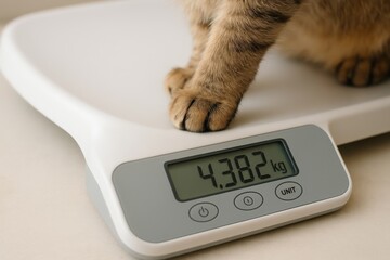Cat steps onto veterinary scale to check weight during a routine health check at the animal clinic