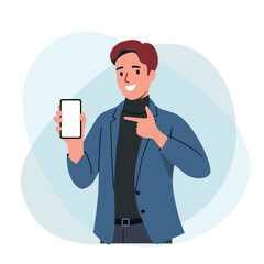 Young business man shows his smartphone screen and points his finger at him. Vector flat style cartoon  illustration.