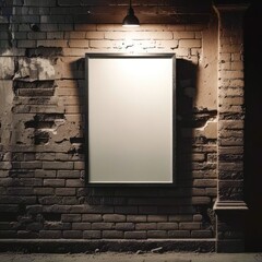 A white poster is hanging on a brick wall