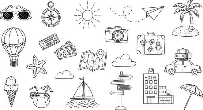 Black and White Doodle of Holiday Icons Travel, Summer, Tourism and Recreation