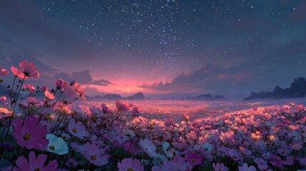 A dreamy Anime background or wallpaper with a vast field of glowing flowers under a starry sky ethereal and peaceful