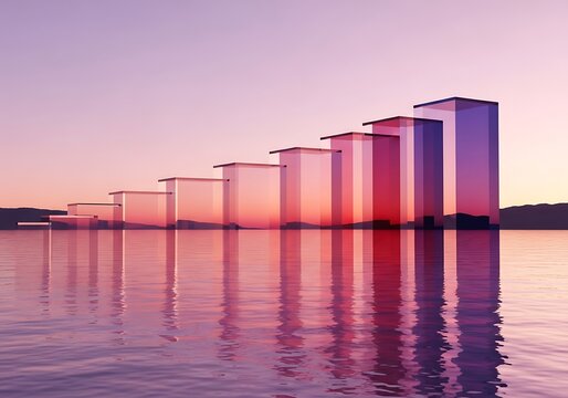 Rising bar graph on water reflecting a sunset sky, symbolizing growth.