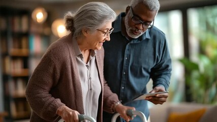 A senior woman uses a walker assisted by a Black man holding a digital tablet their focus on steady steps in a living room with bookshelves and windows mobility support - Powered by Adobe