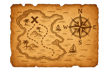 Treasure map on old paper with island and compass rose, featuring x marks the spot for pirate adventure