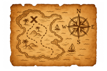 Treasure map on old paper with island and compass rose, featuring x marks the spot for pirate adventure