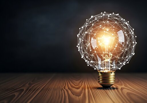 A glowing light bulb with a digital network overlay, symbolizing innovation, connectivity, and bright ideas on a dark wooden table.