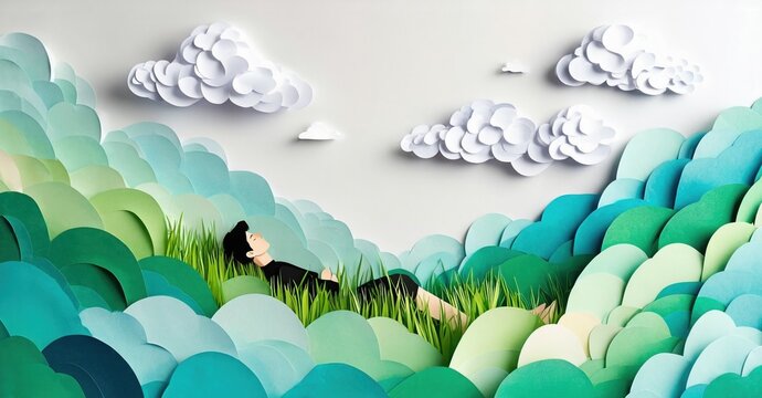 Papercraft landscape depicts person resting amid rolling hills, fluffy clouds. Serene scene evokes tranquility, peace, natures beauty.