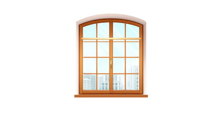 Obraz premium Arched wooden window with clear glass panes, cityscape view, and natural light, modern residential style, cozy and inviting atmosphere