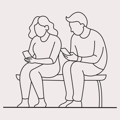 Couple Using Smartphones Line Art — Modern Digital Lifestyle Illustration, Social Media Concept Vector