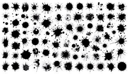 Array of isolated black ink blots of varying sizes and shapes, creating a textural, artistic, and abstract pattern. Each blot distinct
