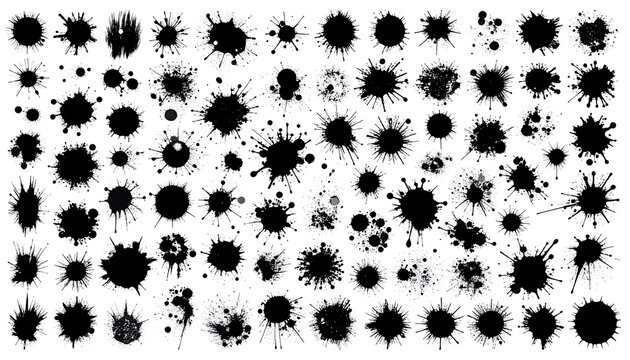 Array of isolated black ink blots of varying sizes and shapes, creating a textural, artistic, and abstract pattern. Each blot distinct