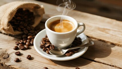 Obraz premium Cup of hot espresso with steam and beans scattered around on wooden farm table