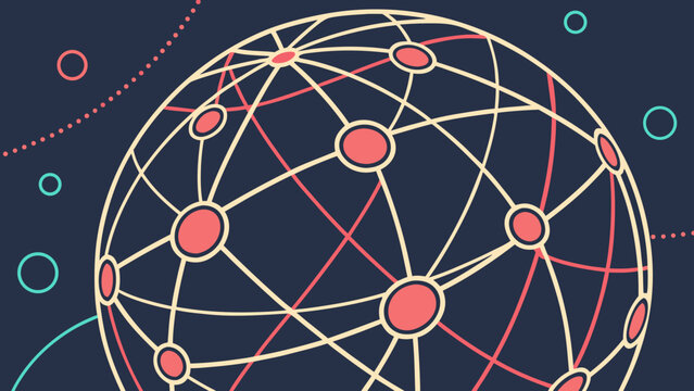 Illustration of a network globe with interconnected lines and nodes on a dark background with circles