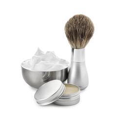 Shaving foam, brush and cosmetic product isolated on white. Barber's tools