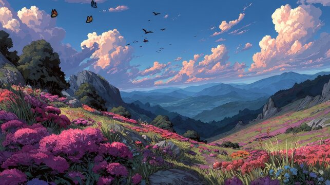 Anime background or wallpaper showcasing a hidden valley of giant flowers butterflies the size of birds fluttering past