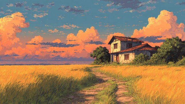 Anime background or wallpaper of a cozy countryside village at sunset golden fields swaying under a warm orange sky