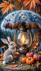 Obraz premium Rabbit sitting beside lantern under a decorative umbrella with pumpkins 
