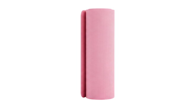 Vibrant pink yoga mat rolled neatly, perfect for home fitness, studio sessions, or mindful practice, adding a pop of color to your wellness journey.