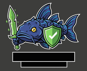 Angry Fish Mascot with Sword and Shield for Gaming Security or Sport Logo Design