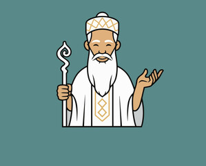 Wise Old Man Sage Wizard Vector Illustration White Beard Mentor Flat Design Teal Background