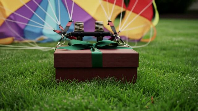 A surprise gift in a colorful parachute descends onto a lush green lawn, ready for unwrapping and joy.
