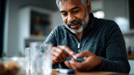 Senior Man Checking Blood Sugar or Taking Medication at Home