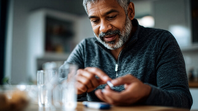 Senior Man Checking Blood Sugar or Taking Medication at Home
