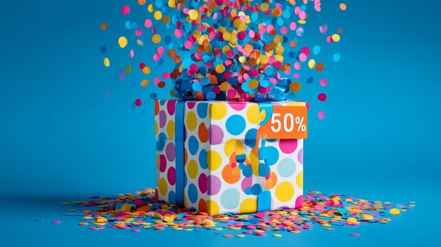 Vibrant polka dot gift box overflowing with colorful confetti featuring bold 50 percent off discount sign on cheerful blue background for festive sale promotion and holiday special offer design