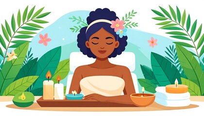 Animated illustration of a relaxed person at a spa. Surrounded by candles, flowers, and lush greenery. Eyes closed, feeling serene and calm