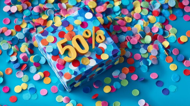 Vibrant polka dot gift box overflowing with colorful confetti featuring bold 50 percent off discount sign on cheerful blue background for festive sale promotion and holiday special offer design