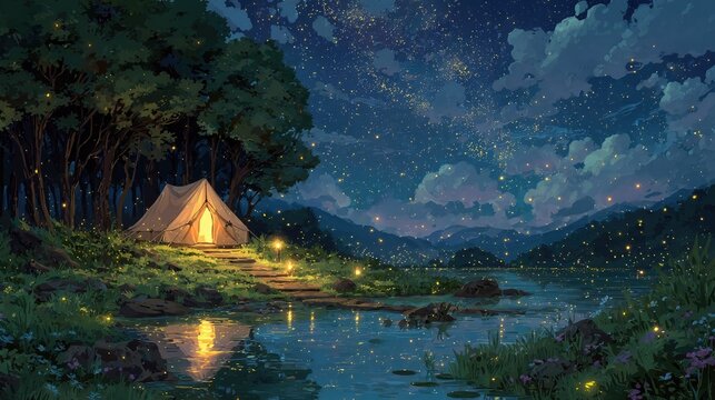A serene Anime background or wallpaper of a lakeside campsite fireflies flickering under a star-filled sky