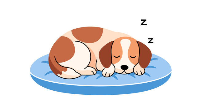 Cute sleeping dog illustration on blue cushion adorable puppy nap drawing pet cartoon animal rest dream zzz