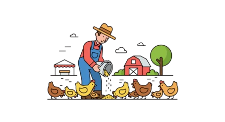 Poster Boerderij Farmer feeding chickens illustration vector art farming poultry farm animals agriculture rural scene vector design  © Ingrid