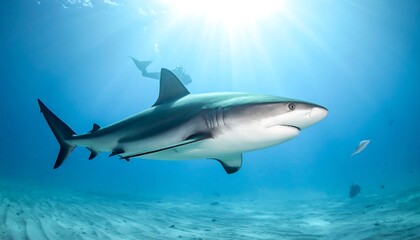 Fototapeta premium An underwater scene showcases a majestic shark swimming gracefully. Sunlight beams down from above, with a scuba diver in the distance. The ocean floor is sandy