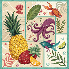Vibrant folk art tropical beach theme with pineapple octopus fish seashells and foliage illustration