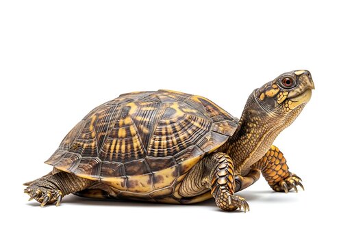 A detailed box turtle walking on a white surface isolated on white background