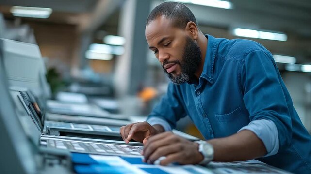 An African American man adjusts blue cardstock on a printer tray in a printing house his hands precise control panels glowing paper dust in the air high angle view printer adj
