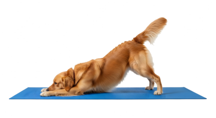 Golden Retriever dog in downward dog yoga pose stretching on a vibrant blue mat, promoting wellness and flexibility