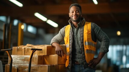 An African American print shop warehouse worker poses confidently with a pallet jack his stance wide loaded with boxes fluorescent lights overhead safety vest reflecting