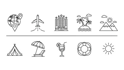 Travel vacation icons globe airplane hotel island mountains tent beach drink lifebuoy