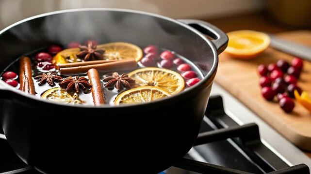 Aromatic mulling spices simmering in dark pot for cozy holiday beverage