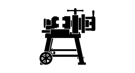 A black and white silhouette illustration of a vintage pottery wheel