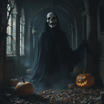 할로윈 호박과 해골 유령